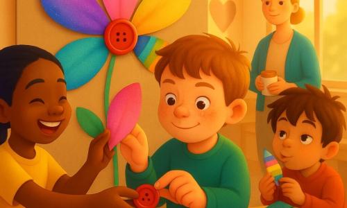 Niños de 8 años creando una gran flor de San Valentín en un mural de cartón: un niño de cabello castaño claro con pecas sostiene un botón rojo que pega en el centro de la flor; Paula, con coleta negra y brillo en los dedos, le ofrece un pétalo rosa desde la izquierda; Nico, de cabello castaño alborotado, sostiene un pétalo rayado a la derecha y hace un gesto juguetón; la maestra rubia de unos 30 años, sonriente y orgullosa, supervisa con un bote de pegamento. Aula cálida con luz dorada, mesas de madera cubiertas de papeles, tijeras, botones y telas; ambiente alegre, táctil y texturizado, colores saturados y suaves, composición centrada en la flor y las manos.