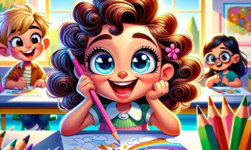 Una niña de 6 años, llamada Lana, se encuentra en el centro de la imagen, con grandes ojos brillantes y una sonrisa radiante, sus cabellos rizados y castaños flotando alrededor de su rostro alegre. Está sentada en una mesa, rodeada de lápices de colores brillantes, dibujando una gran tormenta colorida en una hoja de papel. A su derecha, su amigo Tomás, un niño de 6 años con cabello rubio y gafas redondas, observa con admiración, las manos en las caderas y una gran sonrisa en el rostro. A la izquierda, Ana, una niña de 6 años con cabello liso y negro, sostiene un lápiz rosa, lista para agregar flores a su propio dibujo, mirando a Lana con entusiasmo. El lugar es un aula luminosa, con paredes pintadas de amarillo brillante, ventanas que dejan entrar la luz del sol y carteles coloridos que representan animales y formas geométricas. En los escritorios, hay hojas de papel y lápices de colores esparcidos, creando una atmósfera creativa y alegre. La situación principal muestra a Lana, llena de confianza, transformando su dibujo inicial en una tormenta de colores vibrantes, rodeada de sus amigos que la animan, ilustrando así el tema de la confianza en sí misma y la creatividad.
