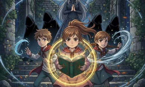 Lila, 11-jährige Hexe mit rundem Gesicht, hellbraunem Pferdeschwanz und entschlossenen großen Augen, hält ein altes smaragdgrünes Buch, das golden leuchtet, und zeichnet mit der rechten Hand einen Schutzkreis; links von ihr Max, etwa 11, kurz zerzaustes Haar, besorgt aber entschlossen, schickt einen kleinen blauen Wasserstrahl, rechts Sara, etwa 11, geflochtenes braunes Haar und selbstbewusstes Lächeln, erzeugt silbernen Wind, der Blätter aufwirbelt; Professorin Elara, erwachsene Frau mit langem silbernen Haar und dunklem sternbesticktem Gewand, steht auf den Stufen der alten Akademie im Hintergrund und beobachtet unterstützend; Ort: nächtlicher Hof der verfallenen Akademie mit moosbedeckten Steinmauern, nassem Pflaster und schneller Wolkenfront vor dem Vollmond, magische Funken in der Luft; Hauptszene: helles Duell gegen dunkle, schwarzmantelige Zauberersilhouetten, die vor Lilas goldener Aura zurückweichen, dynamische Kontraste zwischen warmer Buchleuchte und kalten Schatten, wirbelnde Blätter, Wasser- und Windspuren; Stil: klare Manga-Linien, satte Farben, dramatische Beleuchtung und texturierte Details auf Stein und Stoff, magisch und beruhigend.
