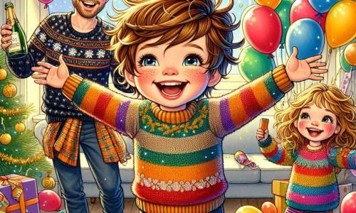 A 10-year-old boy, Max, with messy brown hair and sparkling eyes, stands in the center of the room, surrounded by colorful balloons and twinkling garlands. He has a wide smile, arms open, as if welcoming guests to a New Year's surprise party. To his right, his 6-year-old sister Lily, with golden curls and a mischievous face, holds a box of confetti, ready to throw it in the air. Their parents, a man and a woman in their thirties, stand proudly in the background. The father, with brown hair and a well-groomed beard, holds a bottle of sparkling cider, while the mother, with chestnut hair and a colorful sweater, adjusts a large "Happy New Year!" sign on the wall. The scene takes place in a cozy living room decorated with twinkling lights and gold and silver balloons. Crepe paper streamers hang from the ceiling, and a table is filled with delicious snacks. Max is about to let out a joyful shout to announce the start of the celebration, as the family prepares to welcome the new year together with laughter and love.