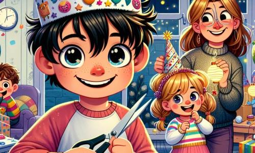 A 10-year-old boy with messy black hair and sparkling curious eyes wears a paper crown decorated with colorful drawings and small bells that softly jingle. He proudly smiles, holding a pair of scissors and a roll of shiny paper. Next to him, his 6-year-old sister with braided blonde hair and a round face holds up a lit paper lantern, her eyes shining with excitement. Their mother, a woman in her thirties with brown hair in a bun, stands in the background smiling, holding a tray of decorated New Year cookies. The scene takes place in a cozy living room adorned with colorful string lights, balloons, and a large clock on the wall, with its hands nearing midnight. Colorful papers and crayons are scattered on the table, showing the festive preparations. The boy and his sister are creating decorations for the New Year celebration, surrounded by a joyful and bright atmosphere filled with laughter and promises for the coming year.