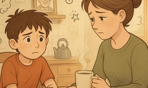 A 12-year-old boy with a round freckled face and messy brown hair, eyes bright and confused, sits on a wooden chair gripping the table edge; across from him his mother (about 35) with chestnut hair in a bun, pale and tired but gentle, has one hand near his on the table and the other holding a warm cup of tea; in the blurred background a framed photo of a smiling grandfather with grey hair and round glasses sits on a shelf; a small warm kitchen with a light-wood table and checkered cloth, soft light through the window, a kettle on the counter, a faint overturned cup and children's drawings on the walls; the scene captures a quiet, tender moment of shared silence after bad news.