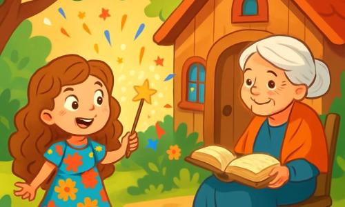 An 8-year-old girl named Lucy, with long curly hair and sparkling mischievous eyes, stands in the center of the image, a joyful smile on her face. She wears a colorful dress with floral patterns and holds a sparkling magic wand in her hand, surrounded by small glowing sparks. Next to her, Granny Willow, an elderly woman with a wrinkled face and silver hair, sits on a wooden chair with a benevolent smile. She wears a long dress and a wool shawl, flipping through an old grimoire with yellowed pages. The setting is a charming wooden house surrounded by vibrant flowers and lush trees, with soft sunlight filtering through the leaves. The main scene shows Lucy trying to cast a spell with her wand, but colorful sparks are flying in all directions, creating an atmosphere of magic and joy, while Granny Willow watches with amusement, ready to help her.