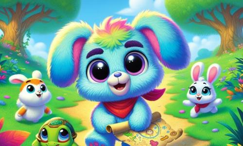 Fuzzy, a small plush character with big round eyes and a bright smile, is at the center of the image, hopping with joy and excitement. He has soft, colorful fur in shades of blue and pink and holds a treasure map in his little paws. To his right, Zippy, a rabbit with large ears and white fur, leaps playfully, his eyes sparkling with mischief. He wears a small red scarf around his neck and seems ready for adventure. On the left, Tilly, a turtle with a shiny green shell, smiles tenderly, her gentle eyes reflecting joy. She stands firmly on the ground, encouraging her friends as they embark on their quest. The setting is a sunny clearing surrounded by majestic trees with bright green leaves, and colorful flowers dancing in the wind. The ground is dotted with small stones and blades of grass, creating a cheerful and welcoming atmosphere. The main scene shows Fuzzy and his friends discovering an old treasure map, their faces lit up with excitement for the adventure ahead, while a tall wobbly tree stands majestically in the background, ready to reveal its secrets.