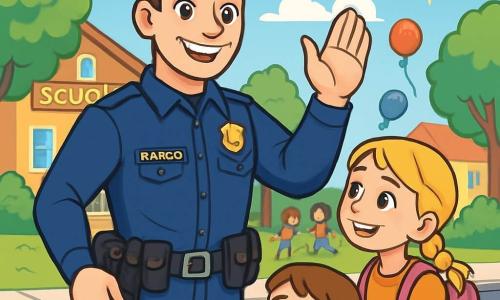 Un poliziotto di nome Marco, sorridente e sicuro di sé, indossa una divisa blu brillante con una cintura piena di attrezzi. Ha i capelli corti e castani e occhi pieni di determinazione. Marco si trova davanti a una scuola, alzando la mano per salutare i bambini che attraversano la strada in sicurezza. Accanto a lui, una ragazza di circa 10 anni, con capelli biondi intrecciati e uno zaino rosa, guarda Marco con ammirazione. Tiene per mano un bambino di 6 anni, con capelli castani e occhi curiosi, che sorride guardando il poliziotto. Il luogo è una strada animata, fiancheggiata da alberi verdi e case colorate. Palloncini fluttuano nell'aria e i bambini giocano sul marciapiede, mentre il sole splende in un cielo blu chiaro. La scena principale mostra Marco che aiuta i bambini ad attraversare la strada in sicurezza, con un'espressione gioiosa e protettiva, mentre i genitori li osservano con un sorriso di fiducia.