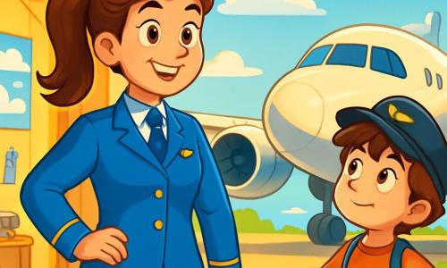 Una piloto mujer, Valeria, sonriente y confiada, lleva un uniforme azul brillante que resplandece bajo el sol. Tiene el cabello castaño recogido en una coleta y sus ojos brillan de emoción. Está al lado de un gran avión con alas majestuosas, lista para despegar. A su lado, Pablo, un niño de 10 años con el cabello castaño alborotado y ojos curiosos, observa el cielo con asombro. Lleva una gorra de piloto y una camiseta colorida. Se mantiene un poco atrás, con las manos en las caderas, admirando a Valeria. El lugar es un hangar espacioso, lleno de luz dorada, con herramientas de pilotaje esparcidas y posters de nubes en las paredes. El avión, brillante e imponente, está estacionado en la pista, rodeado de vegetación y flores coloridas. La situación principal muestra a Valeria y Pablo listos para volar, con nubes suaves y esponjosas en el cielo azul, simbolizando la aventura que les espera. Valeria explica con entusiasmo los preparativos del vuelo, mientras Pablo la escucha con ojos maravillados, lleno de curiosidad y admiración.
