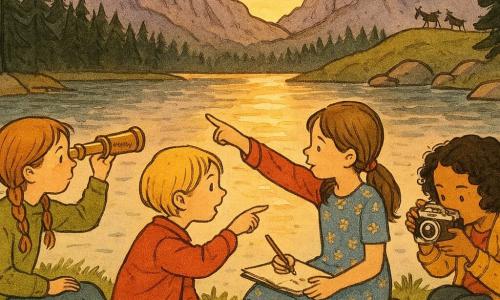 Vier Mädchen: Mia (~10) mit hellbraunen Zöpfen, olivgrünem Pulli und kleinem Metallfernrohr, Leni (~9) mit kurzen blonden Haaren und roter Jacke, die auf einen goldenen Seeaufglanz zeigt, Sophie (~10) mit braunen Pferdeschwanz und blauem Blumenkleid, die in einem Skizzenbuch zeichnet, und Emma (~9) mit schwarzen Locken und senfgelbem Gilet, die ein altes silbernes Fotoapparat hält; Ort: Bergseeufer (Durmitor) bei Dämmerung, ruhiges Wasser, grasbewachsene Ufer mit violetten und gelben Wildblumen, glatte Felsen, Kiefern- und Gipfelsilhouetten, ein paar Ziegen in der Ferne; Szene: die vier schauen gemeinsam den Sonnenuntergang an, warme, vertraute Stimmung, glitzernde Spiegelungen, sanftes Abendlicht; Stil: farbige Tusche, feine Linien, weiche Aquarell-Waschung, sichtbare Papiertextur, warme Palette, Querformat.