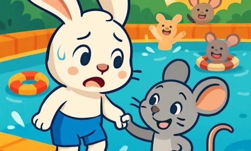 In the foreground, Benny the rabbit, an adorable little white rabbit with large floppy ears and round shiny eyes, stands at the edge of a pool. His face shows a mix of excitement and apprehension, his paws trembling slightly as he looks at the sparkling blue water. He is wearing a bright blue swimsuit that contrasts with his white fur. Next to him, Millie the mouse, a small grey mouse with a thin tail and sparkling eyes, smiles while holding his paw. She is full of encouragement, her ears perked up enthusiastically as she invites him to jump. In the background, the pool is surrounded by colorful tiles, with floating rings and splashes of water glistening in the sun. Bunnies and mice are joyfully playing in the water, creating a festive and friendly atmosphere. The main scene shows Benny hesitating to jump into the water, while Millie encourages him with a big smile. The air is filled with joy and excitement, capturing the moment Benny must overcome his fear and dive into the aquatic adventure.