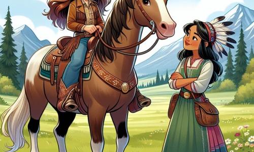 Op de voorgrond staat Lila, een jonge cowgirl van ongeveer 12 jaar, trots op haar paard Blaze. Ze draagt een brede cowboyhoed, een bruine leren jas en stevige laarzen. Haar gezicht straalt met een grote glimlach, die haar vastberadenheid en vreugde om op avontuur te zijn, laat zien. Haar kastanjebruine haar waait in de wind terwijl ze enthousiast naar de horizon kijkt. Naast haar staat Asha, een jongedame van ongeveer 15 jaar, met haar armen over elkaar en een vriendelijke glimlach. Ze draagt een kleurrijke jurk met traditionele patronen en heeft veren in haar haar. Asha kijkt met bewondering naar Lila, klaar om haar te helpen in hun volgende avontuur. De achtergrond toont een uitgestrekte groene prairie, bezaaid met wilde bloemen en grote bomen. In de verte staan majestueuze bergen onder een stralende blauwe lucht met enkele drijvende witte wolken. De zon schijnt en creëert een warme en uitnodigende sfeer. De situatie toont Lila en Asha die hun volgende avontuur plannen en enthousiast bespreken welke uitdagingen ze samen in de wilde natuur kunnen aangaan.