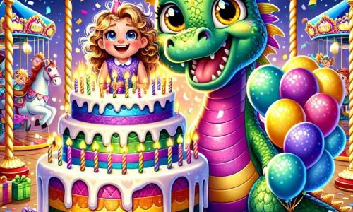 Ilustración que representa a un joven dragón de escamas brillantes que cambian de color según sus emociones. Tiene ojos dorados que brillan de alegría y una amplia sonrisa, mientras sostiene un gran pastel de cumpleaños decorado con velas centelleantes. A su lado, una niña de cabello rizado dorado y ojos llenos de emoción, vestida con un vestido colorido y sosteniendo globos multicolores, sonríe ampliamente, compartiendo la alegría del momento. El escenario se sitúa en un parque de atracciones mágico, lleno de atracciones coloridas, luces brillantes y risas infantiles. Guirnaldas de flores y estrellas de papel decoran el espacio, creando una atmósfera festiva y mágica. La escena principal muestra al dragón y a la niña celebrando un cumpleaños sorpresa rodeados de amigos, con risas y felicidad en el aire. Elementos gráficos adicionales incluyen confeti flotando, regalos coloridos apilados junto al pastel y fuegos artificiales iluminando el cielo nocturno, añadiendo un toque de magia a esta celebración alegre.