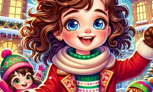 Una niña de 7 años, Clara, con grandes ojos azules y cabello rizado castaño, sonríe entusiasmada mientras sostiene una estrella dorada brillante en sus manos. Lleva un abrigo rojo vivo y una bufanda de lana, y se encuentra en el centro de la escena, radiante de alegría. A su derecha, Lucas, un niño de 8 años con cabello castaño desordenado y una sonrisa traviesa, salta de alegría con los brazos levantados hacia el cielo. Lleva un gorro navideño verde y un suéter a rayas coloridas. A su izquierda, Sofía, una niña de 7 años con cabello largo y liso recogido en dos coletas, mira a Clara con admiración. Lleva un abrigo rosa y guantes, y aplaude con entusiasmo. La escena tiene lugar en una encantadora plaza de pueblo nevada, rodeada de casas con techos cubiertos de nieve y decoradas con luces coloridas. Un gran árbol de Navidad, iluminado y decorado, se alza majestuosamente en el centro de la plaza, mientras una suave nevada cae lentamente, creando una atmósfera mágica. La situación principal muestra a Clara, Lucas y Sofía celebrando la magia de la Navidad, rodeados de sus amigos del pueblo, admirando la brillante estrella dorada que acaban de encontrar, simbolizando el espíritu de compartir y la alegría de esta época festiva.