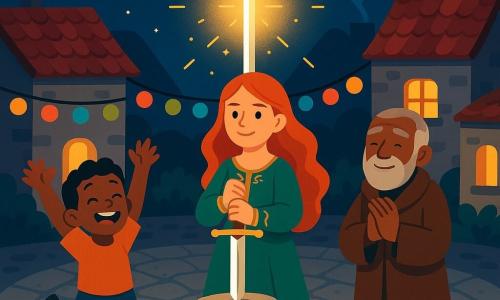 Alinor, maga dal viso dolce e risoluto con lunghi capelli rossi e robe verde ricamata d'oro, pianta una sottile Spada di Luce argentata che emana alone dorato e scintille al centro della piazza; il ragazzo Pio, ~8 anni, capelli castani corti e sorriso raggiante, salta di gioia a sinistra alzando le braccia verso la spada; il Maestro Riven, uomo anziano di ~70 anni con barba grigia curata e mantello marrone, sta a destra con le mani giunte e lo sguardo commosso; piazza del villaggio con ciottoli grigi, case di pietra dai tetti rossi, lanterne colorate e qualche vaso di fiori intorno alla fontana; cielo notturno con luna rosso‑arancio bassa, stelle brillanti e lievi nebbie sui tetti; atmosfera eroica e calda, colori vividi, composizione centrata su Alinor e la spada.