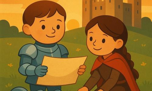 Leo, un piccolo cavaliere dal volto rotondo e sorridente con armatura d'argento lucente e riflessi bluastri e elmo di lato, tiene delicatamente una grande carta secca con espressione fiera e dolce; a destra, Emma, una cavalleressa di circa 8 anni con capelli castani in treccia e mantello rosso corto, si inginocchia e aiuta a tenere le carte con un sorriso complice; siamo in un ampio prato verde ai piedi di un grande castello di pietra, l'erba è cosparsa di piccoli fiori gialli e il sole basso all'orizzonte colora tutto di luce dorata; i due bambini stendono e raccolgono carte piatte che fluttuano leggermente al vento in una scena calma e luminosa al tramonto, con composizione semplice, colori caldi e forme geometriche stilizzate.