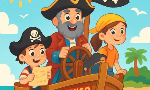 Um homem, o Capitão Tobias, se mantém orgulhoso e sorridente no convés de um velho navio pirata, usando um grande chapéu de pirata adornado com uma pena colorida. Ele tem uma barba grisalha e olhos brilhantes de alegria, segurando um leme de madeira com determinação. Ao seu lado, uma menina chamada Nina, de cerca de 10 anos, com cabelos castanhos trançados e um bandana amarelo, observa o horizonte com um olhar curioso, pronta para a aventura. Um pequeno garoto, Pipo, de 8 anos, com um chapéu de pirata grande demais para ele e um sorriso travesso, segura um pergaminho nas mãos, mostrando o caminho a seguir. O lugar é um magnífico navio pirata, o 