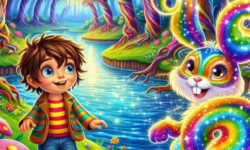 An 8-year-old boy named Oliver, with messy brown hair and sparkling curious eyes, stands at the edge of a shimmering river. He wears a colorful striped shirt and denim shorts, his face radiant with wonder and joy. Beside him is a small magical being named Whimsy, a rabbit with shimmering rainbow-colored fur, joyfully hopping on a giant mushroom, its eyes gleaming with mischief. The setting is an enchanted forest, with spiraled tree trunks and multicolored leaves reaching toward the sky, while bright flowers illuminate the ground. The river, with its shimmering reflections, winds through the landscape, creating a magical and peaceful atmosphere. The scene captures the moment when Oliver and Whimsy discover the beauty of the reflective river, amazed by the colors dancing on the water's surface, symbolizing the magic of imagination and discovery.