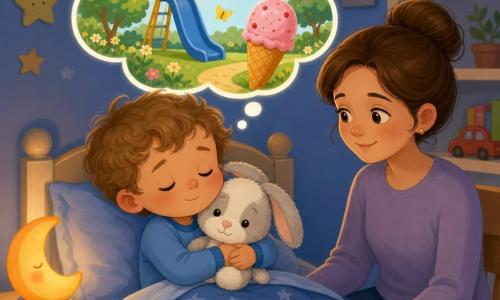 A 4-year-old boy with a round face and light brown curly hair, large moist eyes and a worried yet calm expression, sits in bed clutching his gray-and-white Bunny plush against his chest; his mother, about 30 with brown hair in a bun, smiles gently and rests a protective hand on the bed edge while seated nearby; the small, warm bedroom has pastel blue walls, shelves with colorful books and a small red toy car, a star-patterned blanket and a moon-shaped nightlight casting soft orange light; the boy breathes calmly with half-closed eyes and a thought bubble above him shows a sunny park with a blue slide, pink strawberry ice cream and yellow butterflies, contrasting the dim room.