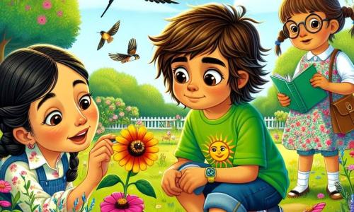 Un niño de 8 años, llamado Javier, está en el centro de la imagen, con una gran sonrisa en su rostro. Tiene el cabello castaño despeinado, ojos brillantes de curiosidad y lleva una camiseta verde brillante con un diseño de sol y un pantalón corto de mezclilla. Javier está agachado, observando maravillado a una pequeña abeja que poliniza una flor colorida. A su lado, una niña de 8 años, Luisa, tiene el cabello negro largo trenzado y lleva un vestido de flores. Está señalando una golondrina que vuela sobre ellos, con una expresión fascinada. Un poco más lejos, la maestra, la señorita López, una mujer de unos treinta años con gafas y cabello castaño recogido en un moño, sonríe al observarlos, sosteniendo un cuaderno de bocetos. El lugar es un jardín escolar en plena floración, con árboles verdes, flores multicolores bajo el sol radiante y un cielo azul claro con algunas nubes blancas. La escena muestra a Javier y Luisa explorando la belleza de la naturaleza en primavera, rodeados de vida renaciente, mientras la señorita López los anima a observar y aprender.