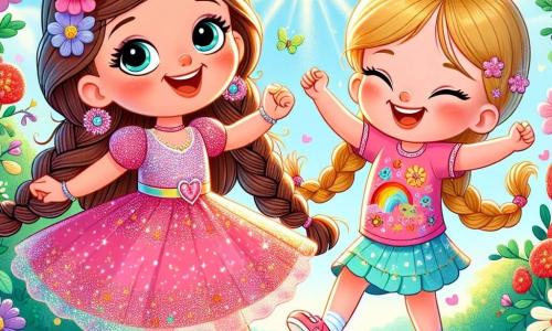 Sophie, ein 7-jähriges Mädchen mit langen, geflochtenen kastanienbraunen Haaren, trägt ein glitzerndes rosa Kleid, das in der Sonne funkelt. Sie hat ein großes, fröhliches Lächeln und strahlende Augen, während sie leicht auf den Zehenspitzen in einem blühenden Garten tanzt. Neben ihr steht Mia, ihre beste Freundin, die ebenfalls 7 Jahre alt ist, mit blonden Zöpfen und einem bunten T-Shirt mit Blumenmustern. Sie klatscht begeistert, ihre Augen leuchten vor Aufregung, während sie von einem Fuß auf den anderen schwingt. Der Garten ist voller leuchtender Blumen in kräftigen Farben: rosa, gelb und violett, mit Schmetterlingen, die um sie herumfliegen. Im Hintergrund sorgt ein klarer, sonniger blauer Himmel für eine warme Atmosphäre. Sophie und Mia tanzen zusammen, lachen und haben Spaß, während sie ihre Freude in einem Moment puren Glücks und Freundschaft teilen.