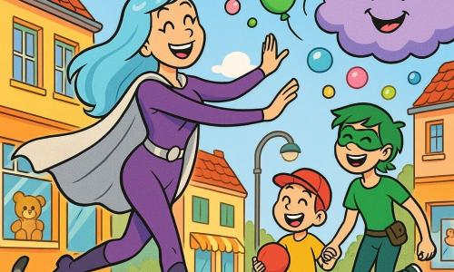 Super-Luna, o femeie radiantă și zâmbitoare cu păr lung albastru deschis strălucitor, pelerină argintie plutitoare și costum violet mulat, dansează grațios pe stradă pentru a liniști Norul Poznaș; Zâmbet-Rapid, o adolescentă de circa 15 ani cu păr scurt verde și mască ușoară, ține de mână un copil și râde urmând pașii Super-Lunei; un băiat de 7 ani cu șapcă roșie ține o minge mică și privește uimit spre un acoperiș apropiat; Gogo, o pisicuță tigrată gri, sare către o bulă colorată lângă picioarele Super-Lunei; scena are loc într-o stradă de oraș colorată cu fațade pastel, felinare rotunjite, vitrine cu desene copilărești și acoperișuri cu țiglă roșie, cerul fiind parțial acoperit de un nor rotund și pufos violet care zâmbește; situația principală: Super-Luna și Zâmbet-Rapid dansează vesele în jurul Norului Poznaș pentru a-l învăța să nu mai facă ceață, norul scoate baloane și bule multicolore care plutesc peste copiii uimiți; stil grafic: culori vii, contururi clare, expresii exagerate și prietenoase, compoziție clară și lizibilă pentru public de 4 ani.