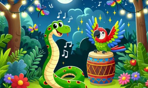 Una serpiente colorida llamada Susi, con escamas verdes y amarillas, está alegremente enrollada alrededor de un tronco de árbol, mostrando una gran sonrisa curiosa. A su lado, un loro vibrante, Lucho, con plumas rojas y azules, bate sus alas tratando de crear un ritmo con su pico en el cuerpo de Susi, riendo de manera juguetona. La escena se desarrolla en una selva exuberante, llena de follaje denso, flores brillantes y rayos de luna que filtran a través de los árboles, creando una atmósfera mágica. En la distancia, se pueden ver luciérnagas iluminando la noche. La situación principal muestra a Susi y Lucho jugando juntos, Susi sirviendo de tambor para Lucho, mientras todos los animales de la selva bailan a su alrededor, creando una atmósfera festiva y alegre.
