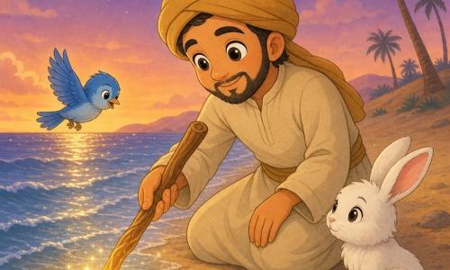 A man named Aziz, serene and moved, kneels at the water's edge in a sand-colored tunic and ochre turban, gently placing a polished wooden staff into the sea as a warm glow emanates from it; a sapphire-blue bird hovers above the staff and a white rabbit sits on the shore to his right, on a golden beach at violet-orange twilight with silver waves and a calm, gentle atmosphere.
