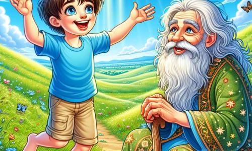 A 12-year-old boy with messy brown hair and sparkling curious eyes stands in the center of a beautiful green meadow. His face shows wonder and excitement, with a wide smile lighting up his face. He wears a bright blue t-shirt and beige shorts, his bare feet touching the soft grass. Next to him, an elderly man named Sage, with a long silver beard and wise eyes, sits on a rock. He wears a robe embroidered with star patterns and watches the boy with a kind smile, holding a wooden walking stick. The setting is a sunny meadow filled with colorful flowers and butterflies fluttering around them. In the background, gentle hills rise under a bright blue sky with a few fluffy clouds lazily floating by. The main scene shows the boy asking Sage a question, his arms slightly raised as if seeking answers from the vast sky. Sage, looking thoughtful, seems ready to share his wisdom, creating an atmosphere of discovery and learning.