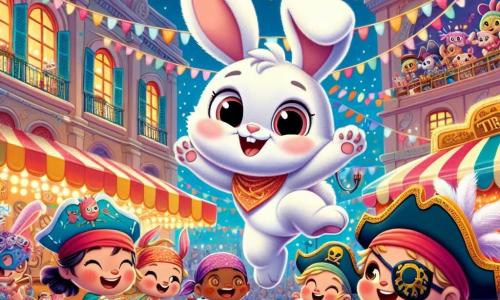 Un adorabile coniglio di nome Tino, con pelo bianco e morbido e lunghe orecchie, salta di gioia al centro della piazza del carnevale, sorridente e con occhi scintillanti. Accanto a lui, un gruppo di bambini mascherati da pirati, con bandane colorate e spade di plastica, si diverte, mentre uno di loro, con cappello da pirata, tiene in mano una mappa del tesoro. La scena è vivace, adornata con palloncini colorati e luci scintillanti, con artisti di strada che si esibiscono. Tino e i bambini seguono la mappa del tesoro, cercando indizi tra le risate e i colori del carnevale.