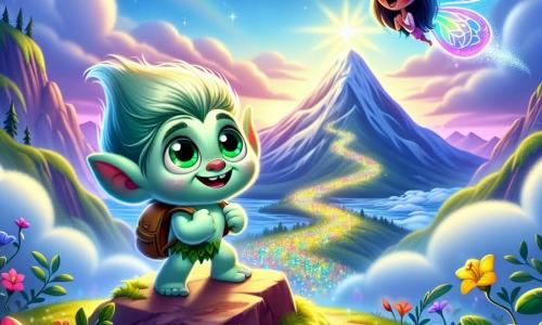 Trolino, un pequeño troll de piel verde claro y grandes ojos esmeralda, está en la cima de una montaña, su rostro iluminado por una mezcla de emoción y determinación. Lleva una pequeña mochila hecha de hojas y una campanilla brillante alrededor de su cuello, mientras mira con valentía hacia un camino luminoso que se extiende ante él. Cerca, Lila, una mariposa colorida con alas brillantes, vuela alegremente alrededor de Trolino, sus alas vibrantes de azul y rosa crean un arcoíris en el aire. Ella parece animar a Trolino con una sonrisa amistosa, añadiendo un toque de magia a la escena. El paisaje es de ensueño, con nubes suaves y esponjosas flotando alrededor de la montaña y flores cantantes de colores vivos bordeando el camino. El cielo es de un azul brillante, salpicado de estrellas centelleantes, incluso durante el día, creando una atmósfera encantada. La situación principal muestra a Trolino, decidido a enfrentar sus miedos, listo para tomar el camino luminoso que lo llevará a descubrir su verdadero yo, mientras Lila lo anima con entusiasmo, simbolizando la amistad y el apoyo en esta aventura mágica.