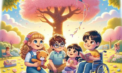 In un parco luminoso, sotto un grande albero di ciliegio in fiore, quattro amici sono insieme. Marco, un ragazzo di 10 anni con capelli castani e occhiali, sorride mentre guarda un aquilone colorato che ha appena lasciato andare. A destra, Giulia, una ragazza di 9 anni con capelli biondi e ricci, abbraccia il suo peluche con occhi pieni di entusiasmo. A sinistra, Samuele, un ragazzo di 10 anni con capelli castani e occhi curiosi, osserva il cielo con meraviglia. Infine, Paolo, un ragazzo di 11 anni con capelli neri e corti, è seduto sulla sua sedia a rotelle, tenendo un libro di poesia, pronto a condividere le sue parole dolci. Il parco è illuminato da una luce dorata, con fiori colorati che danzano nel vento e un cielo blu punteggiato di nuvole bianche. L'albero di ciliegio, maestoso, è coperto di fiori rosa, creando un'atmosfera magica e pacifica. I quattro amici celebrano la memoria del nonno di Marco lasciando andare un aquilone verso le stelle, simboleggiando il loro amore e ricordo, sostenendosi a vicenda in questo momento di tristezza e gioia.