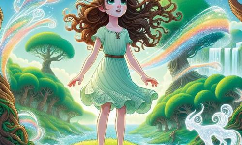 No centro da imagem, uma menina de 12 anos chamada Lúcia, com longos cabelos castanhos ondulados e olhos brilhantes de curiosidade, está em pé em uma colina verdejante. Ela usa um vestido leve em cores pastel, e seu rosto expressa admiração e reflexão. Lúcia olha para longe, como se contemplasse os mistérios do mundo. Ao lado dela, o Vento, um personagem etéreo e invisível, é representado por redemoinhos de vento coloridos, criando uma dança alegre ao redor de Lúcia. Embora não tenha forma física, seus movimentos sugerem uma presença amigável e encorajadora. Ao fundo, uma floresta mágica se estende, com árvores de troncos grossos e folhas cintilantes, enquanto um lago cristalino reflete o céu azul e as nuvens fofas. Flores coloridas pontilham o solo, acrescentando vida a essa paisagem encantadora. A cena principal mostra Lúcia, com os braços abertos, acolhendo o vento que a rodeia, simbolizando sua abertura ao aprendizado e à descoberta. Os raios de sol filtram através das folhas das árvores, criando uma atmosfera calorosa e inspiradora.