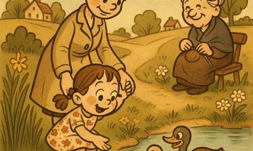 Sześcioletnia dziewczynka, radosna i oczarowana, z rumianymi policzkami i jasnobrązowymi kucykami, w retro sukience w kwiaty i gumowych kaloszach, kuca nad wiejskim stawem, sypiąc łagodnie ziarna dla kaczek; obok stoi uśmiechnięta, opiekuńcza matka (ok. 30–35 lat) z włosami w koku i lekkim płaszczem, trzymając ją za rękę, a na ławce blisko ścieżki starsza kobieta (ok. 70 lat) z siwymi włosami w nieformalnym koku przerabia na drutach i uśmiecha się; miejsce: mały wiejski staw wiosną, spokojna lśniąca woda, lilie i trzciny, kilka żółtych kwiatów i stokrotek na brzegu, blade niebo z miękkimi chmurami i migoczącymi refleksami; scena: czuły, spokojny moment w złotym świetle późnego popołudnia, miękka, kolorowa atmosfera, proste tekstury, zaokrąglone linie i łagodne kontrasty w stylu retro cartoon.