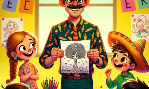 El personaje principal es un hombre, el maestro José, de unos cuarenta años, con cabello castaño ligeramente rizado y gafas redondas. Tiene una gran sonrisa cálida y lleva una camisa colorida con patrones de lápices. Está de pie en el centro de la clase, sosteniendo una hoja de papel, rodeado de niños, y parece muy entusiasta. A su derecha está Clara, una niña de 8 años con largos cabellos rubios trenzados, que lleva un vestido de flores. Ella muestra orgullosamente su dibujo de un gran árbol, con los ojos brillantes de emoción. A la izquierda, Tomás, un niño de 7 años con cabello negro despeinado, lleva una camiseta roja. Se ríe mientras presenta su dibujo de un gato con un sombrero, un poco apartado para que todos puedan ver. La escena se desarrolla en un aula luminosa, con paredes pintadas de amarillo y carteles coloridos que representan letras y números. Las mesas de madera están dispuestas en círculo, y hay lápices y hojas esparcidos sobre las mesas. La situación principal muestra al maestro José y sus alumnos compartiendo sus dibujos en un ambiente alegre y creativo, cada uno expresando su orgullo y entusiasmo por el aprendizaje, con risas y sonrisas radiantes.