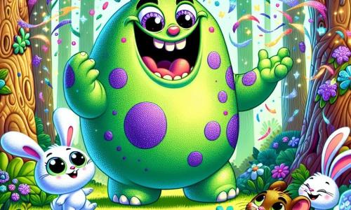 In het midden van de afbeelding staat Blubber, een blije monster met een groene huid bedekt met grote paarse vlekken. Hij heeft grote, ronde ogen vol ondeugd en een brede glimlach die zijn gezicht verlicht. Blubber lacht luid, terwijl zijn kleurrijke tentakels om hem heen dansen en hij magische confetti in de lucht gooit. Naast hem staat Max, een klein konijn van ongeveer 5 jaar met grote oren. Hij heeft een stralende witte vacht en nieuwsgierige ogen. Max springt van blijdschap met zijn achterpoten in de lucht en kijkt met bewondering naar Blubber. Verderop observeert Mimi, een klein bruin muisje van 4 jaar, de scène verlegen. Ze heeft grote, glanzende ogen en een klein verlegen glimlachje, verstopt achter een bloeiende struik, maar is klaar om zich bij het feest te voegen. De achtergrond is het prachtige Bos van Gelukzaligheid, met enorme bomen met dikke stammen en glinsterende bladeren als diamanten in de zon. Kleurrijke bloemen dansen op de wind en kleurrijke vlinders vliegen rond, wat bijdraagt aan de magie van de plek. De hoofdscène toont Blubber, Max en Mimi samen in een feestelijke sfeer, waar Blubber iedereen aan het lachen maakt met zijn grappen en confetti, terwijl de andere dieren uit het bos zich om hen heen verzamelen om vreugde en vriendschap te vieren.