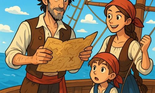 A pirate man, Captain Bram Blackthorn, stands proudly on the deck of his ship, the Sea Lark. He is tall and thin, with tousled black hair and a salt-and-pepper beard. His weathered face and bright gray eyes reflect determination. He wears a black tricorn, a wrinkled white shirt, and a brown leather vest while studying a treasure map with a focused and excited expression. Next to him is Lark Calico, a woman in her thirties with a long brown braid and a mischievous smile, adjusting the sails and ready to give orders to the crew. A young boy, Pip, about ten years old, stands on a crate, wide-eyed with curiosity, gazing out at the sea in wonder. The scene is set in a bright blue ocean under a sunny sky dotted with fluffy white clouds. The ship gently sways on the shimmering waves, and the air is filled with the scent of the sea and fresh wind. The main focus shows Captain Bram deciphering a mysterious treasure map while Lark and Pip watch eagerly, excited for the adventure ahead.