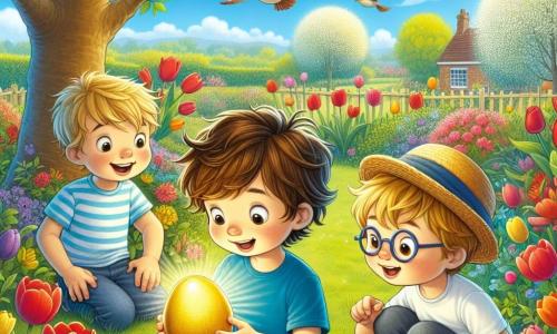 In einem sonnigen Garten sind drei Jungen dabei, Ostereier zu suchen. Max, ein 6-jähriger Junge mit zerzausten braunen Haaren und einem blauen T-Shirt, steht in der Mitte und hält ein glänzendes goldenes Ei in den Händen, seine Augen weit aufgerissen vor Staunen. Links von ihm zeigt Paul, ein 5-jähriger Junge mit blonden Haaren und runden Brillen, mit einem großen Lächeln auf sein Gesicht auf ein rotes Ei, das hinter einer Tulpe versteckt ist. Rechts kniet Tim, ein 5-jähriger Junge mit kastanienbraunen Haaren und einem Strohhut, und sucht konzentriert im Gras nach einem versteckten Ei. Der Garten ist voller bunter Blumen, mit roten, gelben und lila Tulpen und einem großen blühenden Apfelbaum im Hintergrund. Der Himmel ist strahlend blau, gesprenkelt mit einigen fluffigen weißen Wolken, und Vögel singen fröhlich in den Bäumen. Die Szene zeigt die Aufregung der Jungen, während sie ein geheimnisvolles goldenes Ei entdecken, umgeben von Licht, das wie der Schatz ihrer Suche erscheint und das Abenteuer und die Magie von Ostern symbolisiert.