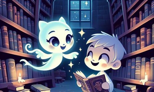 Ein kleiner Geist namens Mia, mit einem durchsichtigen Körper und neugierigen, leuchtenden Augen, schwebt fröhlich in einer alten Bibliothek. Sie hat ein strahlendes Lächeln und kleine Katzenpfoten, die in der Luft schwingen. An ihrer Seite lächelt ein netter Geist namens Max, ein Junge mit ätherischem Erscheinungsbild und verschwommenen Konturen, während er ihr ein altes Buch zeigt. Die Bibliothek ist mit hohen, dunklen Holzregalen gefüllt, die mit bunten Buchcovern beladen sind, und Mondstrahlen filtern durch die staubigen Fenster und schaffen eine magische, geheimnisvolle Atmosphäre. In dieser Szene erkunden Mia und Max zusammen, lachen und blättern durch Bücher, während sie verzauberte Geschichten in einer Welt entdecken, in der Magie und Freundschaft aufeinandertreffen.