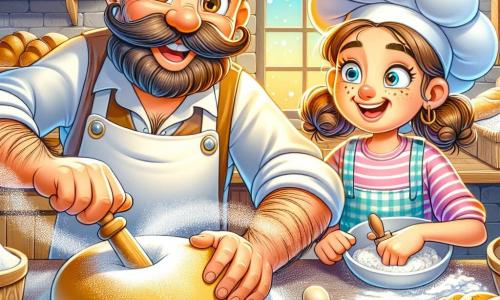 Een man, de bakker Bas, glimlachend en vrolijk, met een grote bruine snor en een witte schort, kneedt een bol deeg in zijn bakkerij. Zijn ogen stralen van opwinding terwijl hij zorgvuldig werkt. Naast hem kijkt Sara, een negenjarig meisje met krullend haar en een verwonderde glimlach, aandachtig toe en houdt een kleine deegroller vast, klaar om te helpen. De bakkerij is warm en uitnodigend, met houten planken vol gouden broden, krokante croissants en kleurrijke taarten. Het ochtendlicht valt door de ramen en verlicht de bloem die in de lucht danst. De hoofdscène toont Bas en Sara die de ingrediënten mengen om een speciaal brood voor het Broodfeest te bereiden, met bloem die om hen heen vliegt en een vrolijke, levendige sfeer creëert.