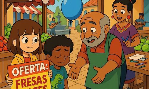 Niña de 10 años de cabello castaño medio con flequillo, expresión seria pero dulce, ojos brillantes, chaqueta amarilla y una libretita roja, sonríe tímidamente mientras devuelve un gran cartel colorido que dice 