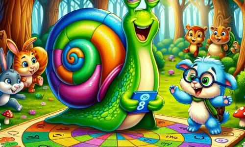 Um caracol chamado Quico, com uma concha colorida em espiral e olhos brilhantes de curiosidade, está no centro da cena, sorrindo entusiasticamente enquanto se prepara para uma grande competição de esconde-esconde. Ao lado dele, Tica, a tartaruga, com sua carapaça verde e óculos redondos, o observa com um olhar inteligente, segurando um painel de regras em suas patas. Bibi, o travesso coelhinho de orelhas grandes e pelagem macia, está pulando alegremente ao fundo, pronto para se esconder atrás de uma árvore. A cena acontece em uma floresta encantada, onde árvores majestosas com folhas vibrantes cercam um solo coberto de flores coloridas e cogumelos engraçados. Quico, cheio de energia, anuncia com alegria o início da competição, enquanto seus amigos se dispersam para se esconder, criando uma atmosfera divertida e cheia de emoção.