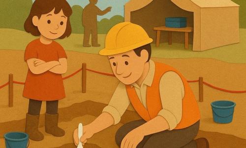 Bas, een glimlachende, geconcentreerde archeoloog op één knie met een geel helm en oranje hes, borstelt voorzichtig met een klein wit penseel een lichtbruin potscherfje uit zandbruine grond; Noor, ongeveer 6 jaar met kort haar en modderige laarzen, staat links met de handen op haar buik en kijkt verwonderd; op de achtergrond een vriendelijke buur als silhouet bij het hek die wijst zonder dicht te komen; buitenopgraving met rood gespannen touwen tussen houten paaltjes, een beige tent met tafel en gevulde kist en verspreide gereedschappen (blauwe emmers, penseel, klein wateremmertje), rustige, respectvolle sfeer bij zacht zonlicht, warme kleuren en papercut-achtige texturen met licht rafelige randen.