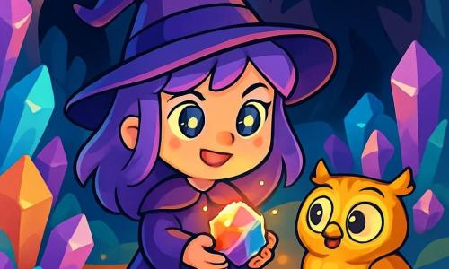 Una giovane strega di nome Lila, con capelli color lavanda, occhi brillanti come stelle e un sorriso determinato, si trova al centro di una caverna luminosa, tenendo una pietra scintillante tra le mani. Accanto a lei, un gufo parlante di nome Pip, con piume dorate e grandi occhi curiosi, guarda la pietra con ammirazione. La caverna è piena di cristalli scintillanti che riflettono colori vivaci, creando un'atmosfera magica. Lila si prepara ad affrontare un'ombra malefica che si profila nell'oscurità, mentre una luce splendente emana dalla pietra, illuminando la scena con un bagliore caldo e confortante.