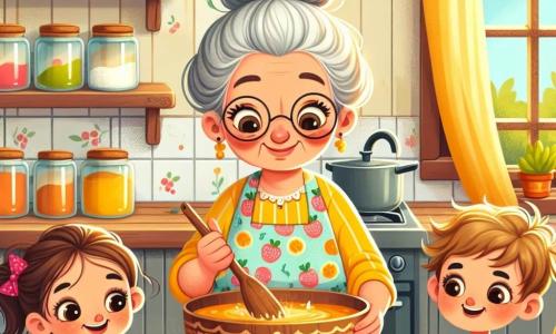 La escena muestra a la abuela Sofía, una mujer mayor con cabello gris recogido en un moño, sonriente y llena de vida, mezclando ingredientes en un gran bol de madera. Lleva un delantal colorido con motivos de frutas, y sus ojos brillan de alegría y creatividad. A su lado, Ana, una niña de 8 años con cabello castaño y gafas redondas, observa con asombro. Sostiene una espátula de madera y parece ansiosa por participar. Lucas, un niño de 7 años con cabello rubio desordenado, se encuentra un poco apartado, sosteniendo un tazón de tomates frescos, listo para cortarlos. Su rostro expresa curiosidad y emoción. La escena transcurre en una cocina cálida y acogedora, con paredes pintadas de amarillo pastel, estanterías llenas de frascos de especias coloridos y ventanas que dejan entrar la luz del sol, iluminando los ingredientes frescos sobre la encimera de madera. La situación principal muestra a Sofía y los niños creando una pizza mágica, mezclando ingredientes tradicionales con sorpresas como piña y miel, mientras ríen y comparten historias, ilustrando la alegría de cocinar juntos.