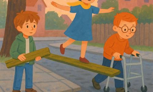 Three children cross a large puddle on a makeshift wooden plank: Milo, a 9-year-old boy with tousled light brown hair wearing a green jacket and jeans, stands left holding the plank and watching attentively; Ava, a 9-year-old girl with black hair in a ponytail, a flowing yellow scarf and blue dress, balances in the center with arms outstretched; Ben, a 10-year-old redheaded boy with round glasses using a small wheeled walker, carefully crosses on the right with a focused, calm expression. They are on a neighborhood sidewalk at soft dusk—wet grey cobbles reflecting blue and pink sky, shiny puddles, damp green grass at the edge, an old oak with rough bark and buds and some brick houses and a weathered wooden fence in the background. The plank is mossy and dirty, slightly tilted, with light glinting on the water reflecting sky and branches; the scene has a gentle spring, cooperative mood in pastel gouache tones with visible brush textures.