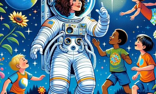 Luna, een vrouwelijke astronaut met bruin, krullend haar, draagt een groot, glanzend wit ruimtepak met een doorzichtig vizier. Ze glimlacht verwonderd terwijl ze naar de fonkelende sterren boven haar kijkt, terwijl ze een kleine vlag van de aarde in haar hand houdt. Om haar heen speelt een groep van drie kinderen, twee jongens en een meisje van ongeveer 8 jaar. De eerste jongen heeft blond haar en draagt een rode t-shirt, hij springt in de lucht. De tweede jongen heeft bruin haar en draagt een blauwe short, hij kijkt Luna met grote ogen aan. Het meisje, met gevlochten zwart haar en een kleurrijke jurk, houdt een kleurrijke bloem vast die ze aan Luna laat zien. De scène speelt zich af op een prachtige blauwe en groene planeet, met grote bomen met glanzende bladeren en kleurrijke bloemen die om hen heen groeien. De lucht is diepblauw, bezaaid met fonkelende sterren en een grote, heldere maan. Luna legt de kinderen de wonderen van de ruimte uit, terwijl ze samen naar de sterren kijken, wat een magisch moment van ontdekking en verwondering creëert.