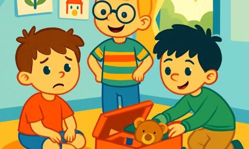 There are three characters: Max, a 6-year-old boy with messy brown hair, wearing a red t-shirt and blue shorts, sitting on the floor surrounded by toys with a worried look on his face; Leo, a 5-year-old boy with blonde hair and round glasses, dressed in a multicolored striped shirt, standing next to Max with his hands on his hips, smiling and full of ideas; and Sam, a 6-year-old boy with messy black hair, wearing a green sweater and beige pants, crouching and looking into the toy box with a determined expression. The scene takes place in Max's room, filled with colorful toys, soft stuffed animals, and drawings on the walls, with sunlight filtering through the window, casting a warm golden glow. The main situation shows Max, Leo, and Sam brainstorming together to create a special gift for their moms, surrounded by scattered toys and displaying expressions of excitement and concentration.