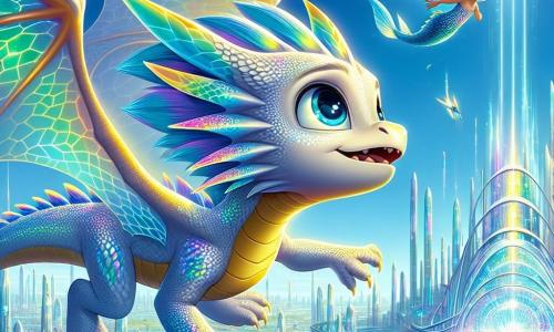Un giovane drago di nome Neb, con scaglie iridescenti che cambiano colore a seconda del suo umore, vola nel cielo sopra la città futuristica di Luminosia, i suoi grandi occhi curiosi brillano di eccitazione. Ha ali maestose che scintillano al sole e un'espressione di meraviglia. Vicino a lui, una piccola sirena dai capelli blu, fluttuando nell'aria come se nuotasse, guarda Neb con occhi spalancati, un misto di curiosità e ammirazione sul volto. Indossa un abito fatto di scaglie brillanti che riflettono la luce del sole. Lo scenario è una città futuristica, con edifici in vetro trasparente che scintillano come cristalli, strade aeree percorse da veicoli volanti silenziosi e giardini sospesi pieni di fiori colorati. La scena principale mostra Neb che si avvicina a un grande portale di luce pulsante, pronto a esplorarlo, mentre la sirena lo incoraggia dal parco delle nuvole, circondata da bambini meravigliati.