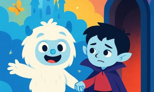 Un pequeño yeti de pelo blanco y suave como la nieve, con grandes ojos redondos y chispeantes de curiosidad, se encuentra en el centro de la imagen. Tiene una gran sonrisa alegre y sus brazos están abiertos, como si estuviera listo para abrazar al mundo. A su lado, un vampiro de piel pálida y capa violeta, con ojos tristes pero amables, mira al yeti con gratitud. Parece un niño de unos 10 años, con el cabello negro desordenado. El decorado es un castillo de cristal flotando en un cielo de mil colores, con nubes azules esponjosas debajo. Mariposas luminosas danzan a su alrededor, añadiendo un toque mágico a la escena. La situación principal muestra al yeti y al vampiro unidos, de la mano, listos para enfrentar una puerta oscura que se abre ante ellos, dejando escapar una luz roja triste. La atmósfera es a la vez misteriosa y llena de esperanza, con un ambiente de aventura y camaradería.