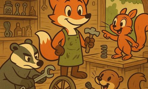 Piquant the fox stands center, smiling and calm, shiny red fur, big pointed ears, wearing an olive grease-stained mechanic’s apron and holding a small metal wheel tool; Moss the badger kneels left, solid and focused, dark gray fur with white stripes, holding a wrench next to a cart wheel on blocks; Zuzu the squirrel stands right on a wooden stool, lively and excitable, light red fur and a huge bushy tail, pointing at a small spring rolling on the workbench; Juniper the otter slides in the foreground, playful, glossy brown fur, holding a paintbrush and reaching for a brush that flew off; the workshop is a small wooden cabin under a large oak with messy shelves of screw jars, hanging tools, golden light through a window, and a plank floor with oil stains and pink sparkly paint dust; scene: a warm, dynamic, comic group repair of a dented cart after minor disasters, with rounded composition, warm contrasting colors and thick-lined retro cartoon style.