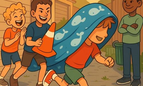 Four boys: Leo, about 8, small with messy light-brown hair, wearing a large blue whale-patterned blanket as a hood and running right in the foreground with his face blurred under the fabric; Max, about 11, tall with short brown hair, furrowed brows but a smirk, slightly behind left of Leo holding an orange traffic cone called the Cone of Destiny, laughing and encouraging; Ollie, about 11, curly blonde and expressive, mouth open in laughter, left and behind Max on tiptoe as if clapping; Sam, about 11, straight black hair, playful kind look, arms crossed to the right and set back watching amused. Setting: narrow neighborhood alley between concrete garages, light grey cobbles with paint stains and weeds, open-slat wooden fences, a metal hose and green bins at the side, warm late-afternoon light casting long shadows. Main scene: a comical, dynamic moment—Leo dashes under the billowing whale blanket hood, the orange cone swings at Max’s arm, light water splashes on the ground, exaggerated movement and clear expressions, joyful chaotic mood with a vivid palette of blues, oranges and greens.