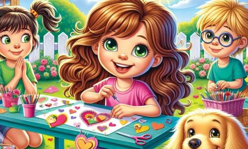 A 12-year-old girl, Bella, with long wavy brown hair and sparkling green eyes, sits at a craft table in her sunny garden. She has a big smile on her face, filled with excitement as she creates colorful Valentine’s Day cards, surrounded by shiny papers and cut-out hearts. Beside her is her loyal dog, Max, a golden retriever, lying on the grass, tongue out and eyes full of joy, watching Bella closely. A little further away, her friends, Lucy and Oliver, aged 12 and 11 respectively, stand near her. Lucy, with her brown hair in a ponytail and a pink t-shirt, laughs while holding a heart-shaped card, while Oliver, a boy with blonde hair and glasses, looks around curiously, holding a card decorated with fun drawings. The garden is filled with colorful flowers and Valentine’s decorations fluttering in the wind, with the sun shining in a clear blue sky, creating a joyful and festive atmosphere. The main scene shows Bella, surrounded by her friends, making Valentine’s Day cards while laughing and sharing ideas, preparing a surprise for their community.